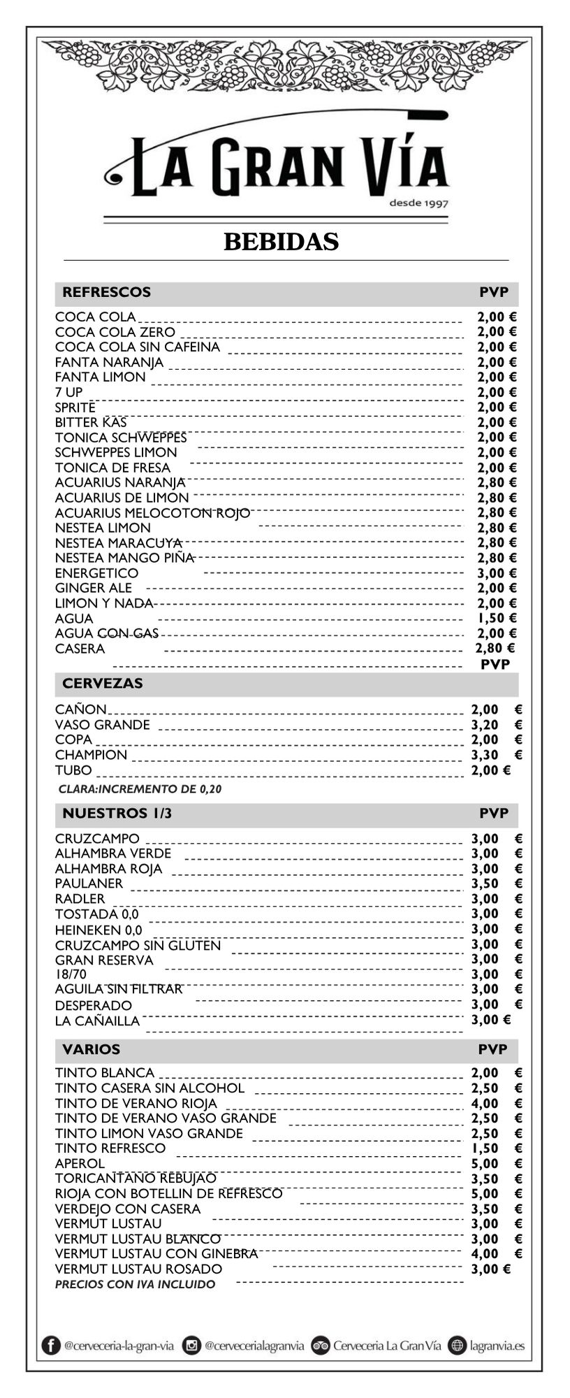 carta de bebidas